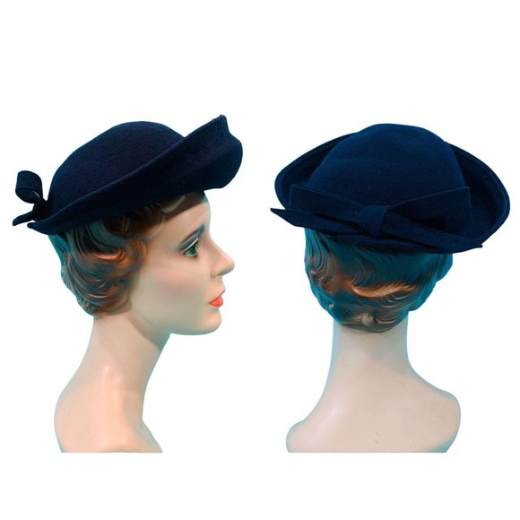 Vintage 1950s Wool Beret Navy Blue Bow Hat - Picture 4 of 10